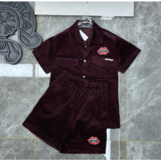 Chrome Hearts Burgundy Corduroy "Lips" Short-Sleeve Set