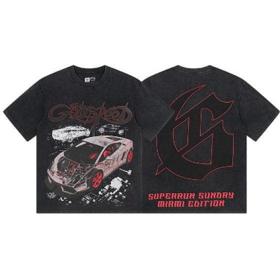 Godspeed American Street Style Retro Washed Distressed Printed Pure Cotton Short-Sleeve